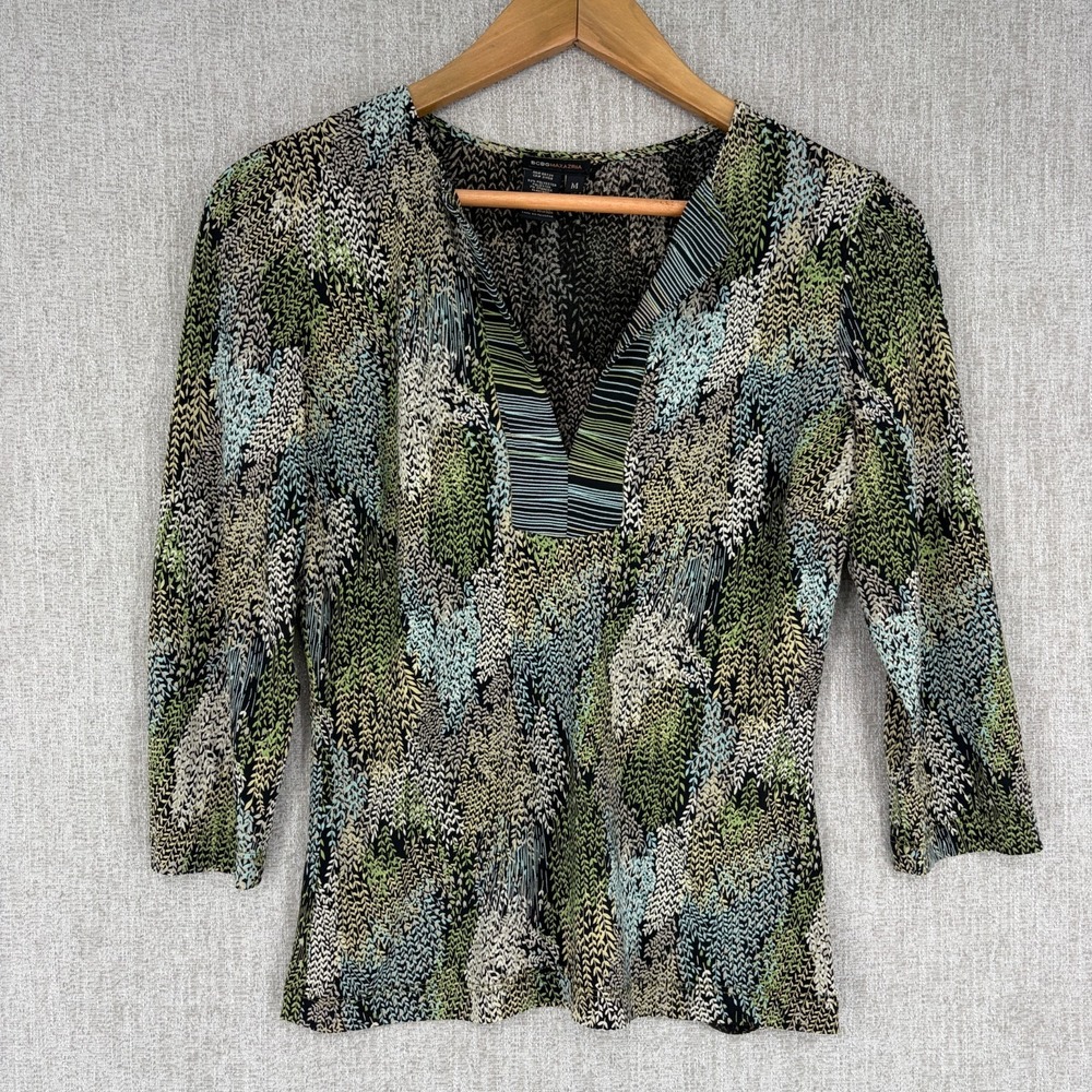 BCBG‎ Max Azria Top Shirt Womens Medium Green All Over Print Y2K Henley